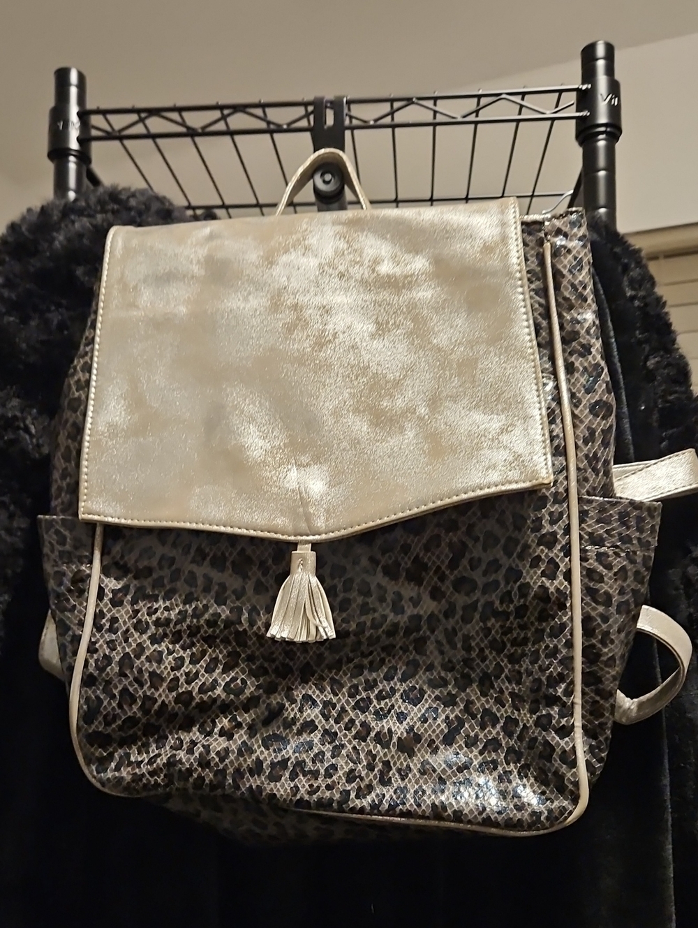 Metallic Silver Leopard-Print Women's Backpack with Tassel